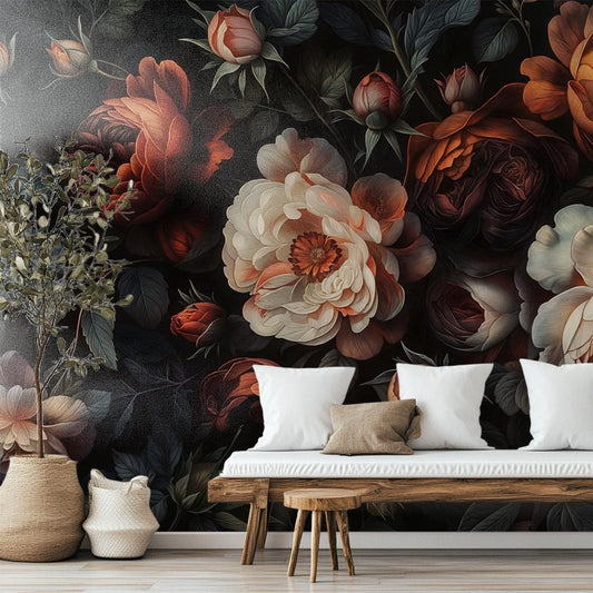 Dark Moody Floral Vintage Floral Wallpaper wallpaper mural, room mockup, Golden Era Walls