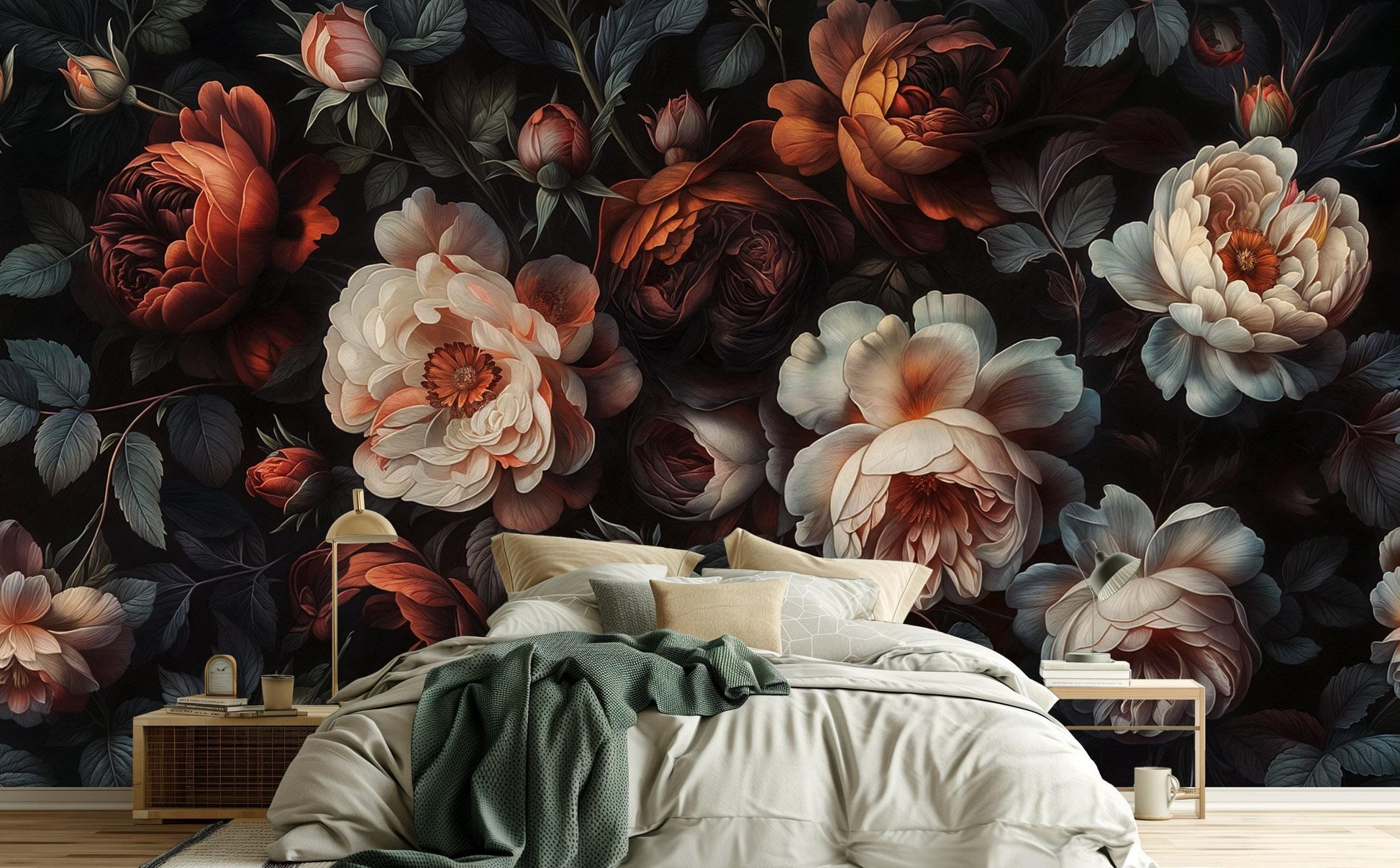 Dark Moody Floral Vintage Floral Wallpaper – scale reference, Golden Era Walls