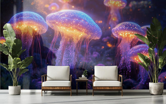 Dreamy Bioluminescent Jellyfish Deep Coastal Wallpaper – room setting, Golden Era Walls