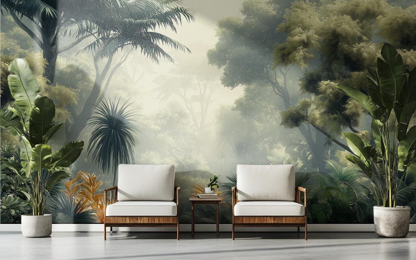 Dreamy Misty Jungle Foggy Floral Wallpaper – scale reference, Golden Era Walls