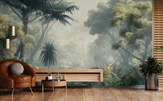 Dreamy Misty Jungle Foggy Floral Wallpaper – peel and stick wallpaper mural, Golden Era Walls