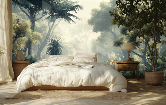 Dreamy Misty Jungle Foggy Floral Wallpaper – lifestyle view, Golden Era Walls