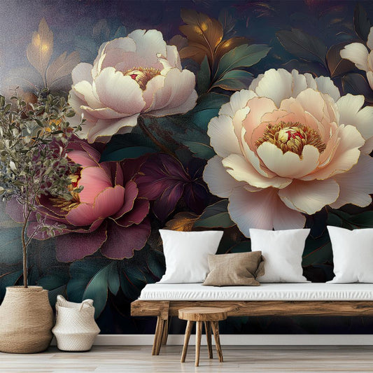 Elegant 3D Peony Gold Floral Wallpaper – lifestyle view, Golden Era Walls