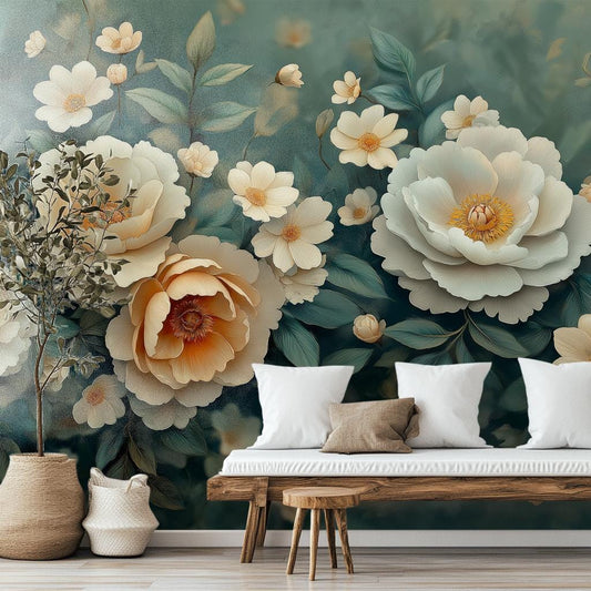 Elegant Cream Gold Flower Floral Wallpaper – lifestyle view, Golden Era Walls