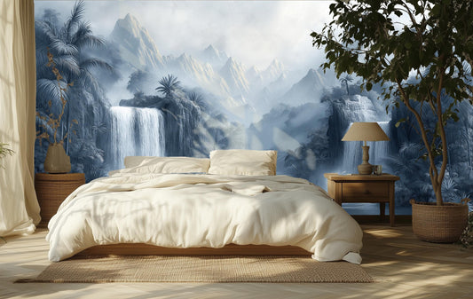 Elegant Chinoiserie Waterfall Gray Tropical Wallpaper – lifestyle view, Golden Era Walls