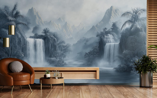 Elegant Chinoiserie Waterfall Gray Tropical Wallpaper – room setting, Golden Era Walls