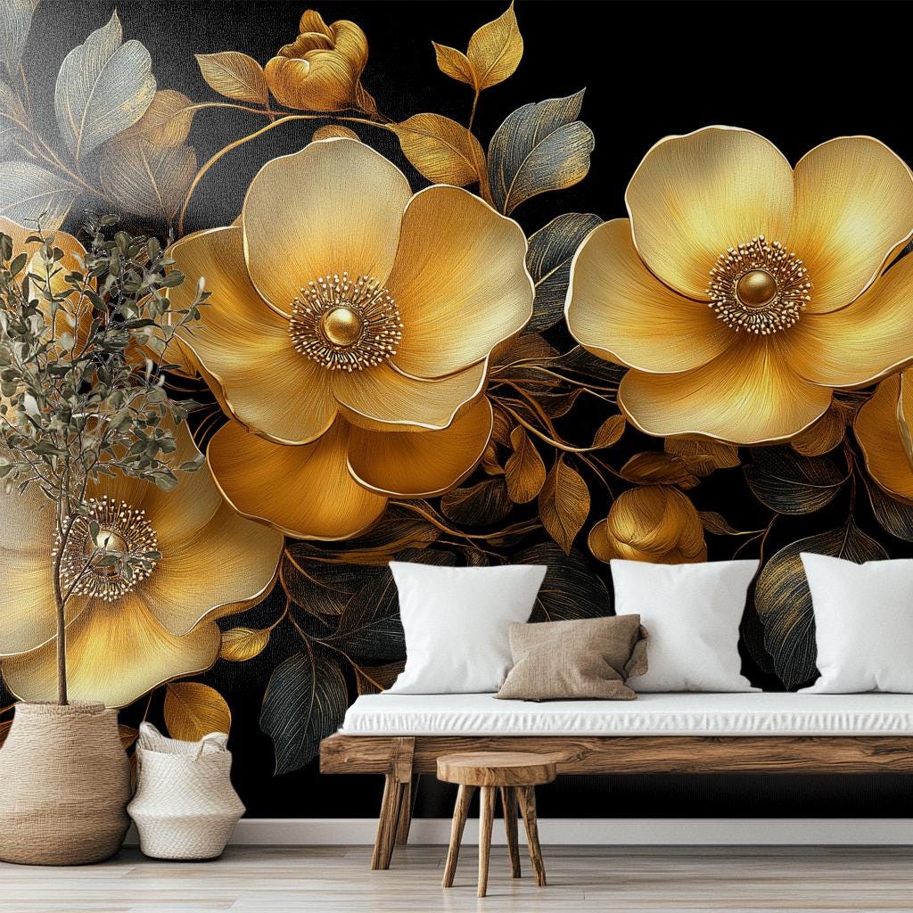 Elegant Gold Floral Art Floral Wallpaper – lifestyle view, Golden Era Walls
