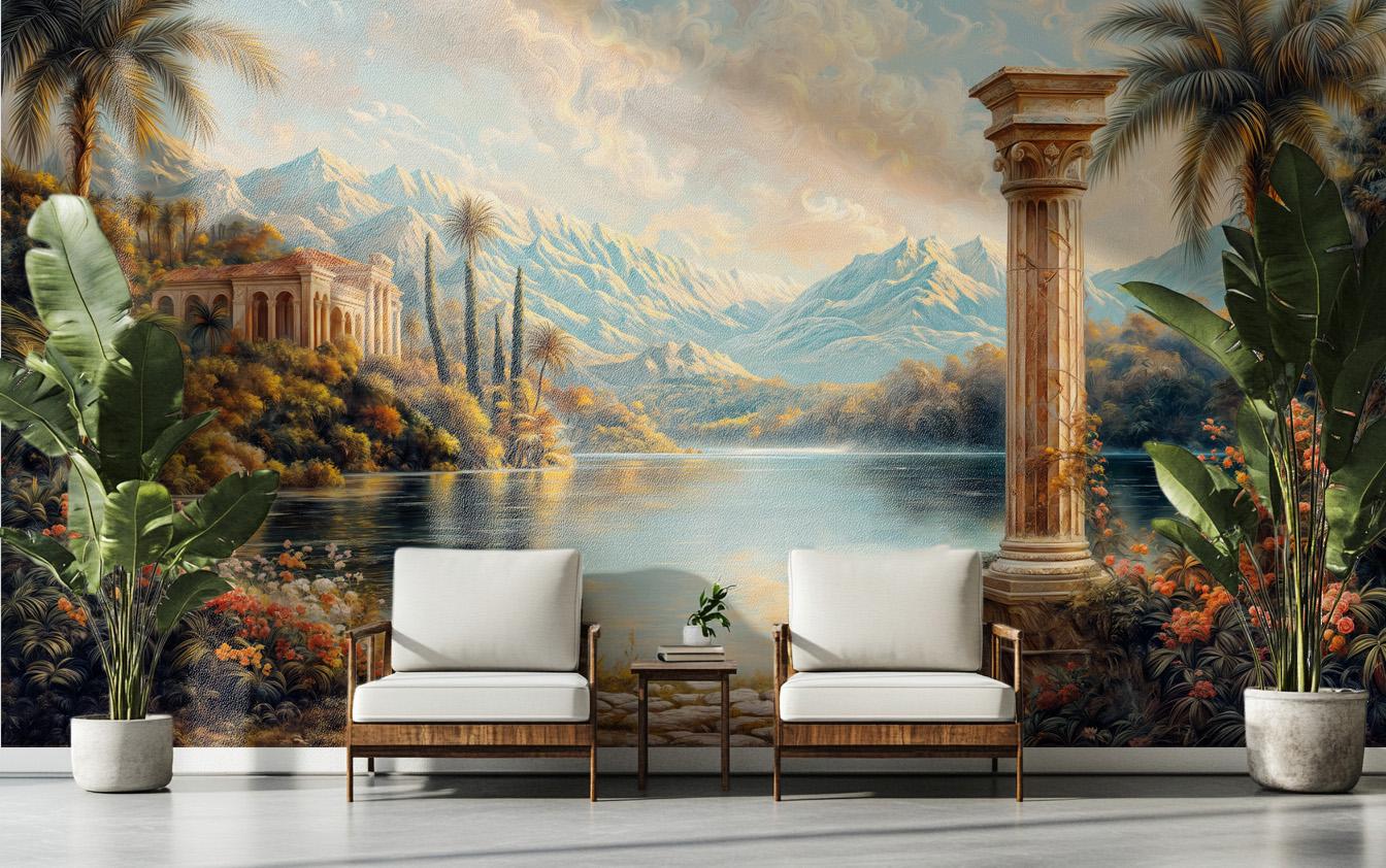Elegant Italian Villa Scenic Floral Wallpaper – room setting, Golden Era Walls