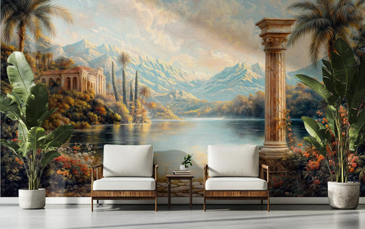 Elegant Italian Villa Scenic Floral Wallpaper – room setting, Golden Era Walls