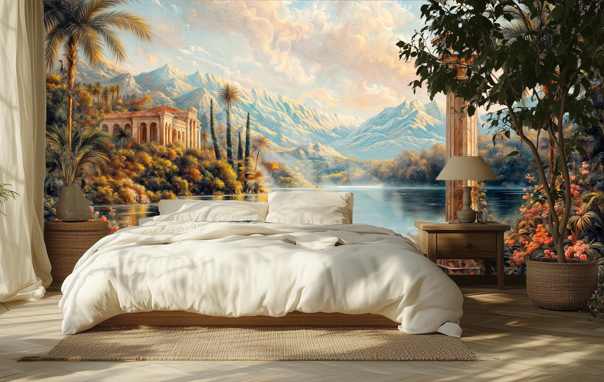 Elegant Italian Villa Scenic Floral Wallpaper – scale reference, Golden Era Walls