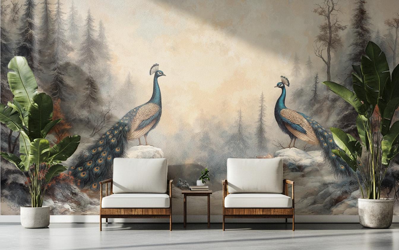 Elegant Peacock Symmetrical Hand Coastal Wallpaper – room setting, Golden Era Walls