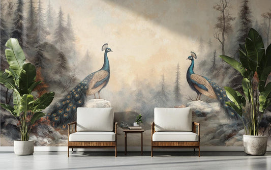 Elegant Peacock Symmetrical Hand Coastal Wallpaper – room setting, Golden Era Walls