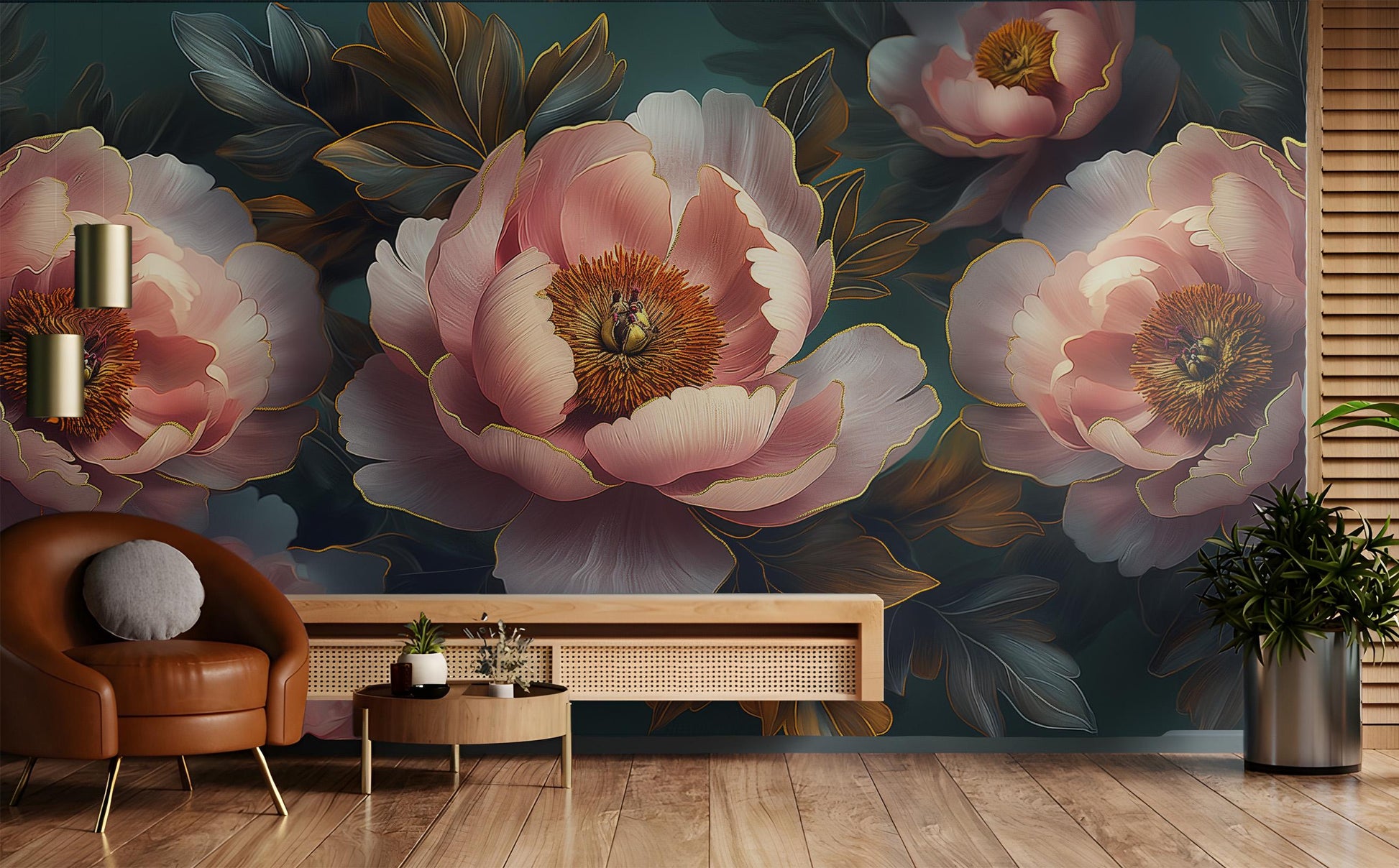 Elegant Peony Floral Vintage Floral Wallpaper – lifestyle view, Golden Era Walls