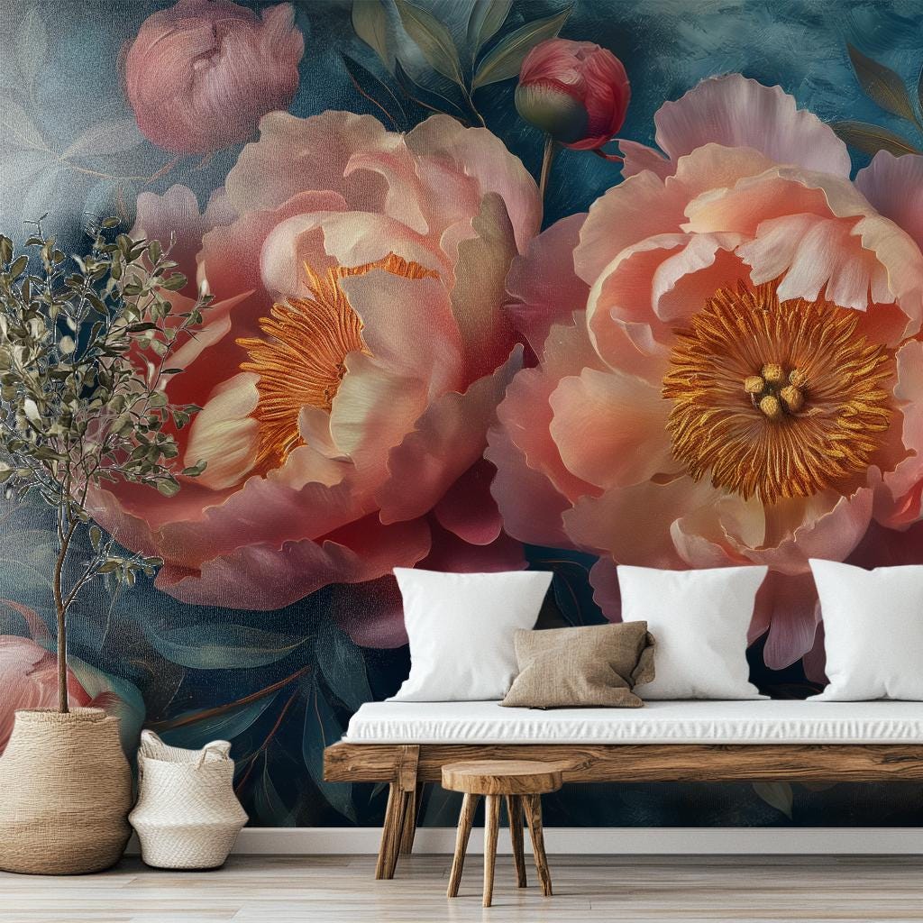 Elegant Peony Art Luxurious Floral Wallpaper – lifestyle view, Golden Era Walls