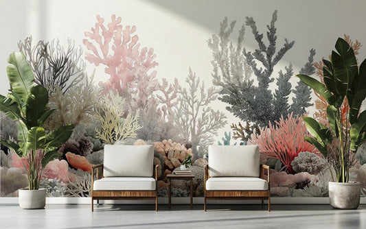 Elegant Watercolor Coral Reef Coastal Wallpaper – detail view, Golden Era Walls