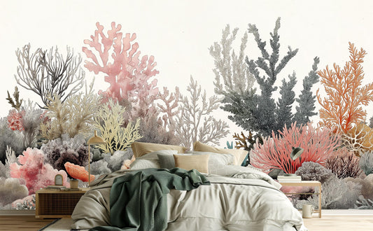 Elegant Watercolor Coral Reef Coastal Wallpaper – room setting, Golden Era Walls