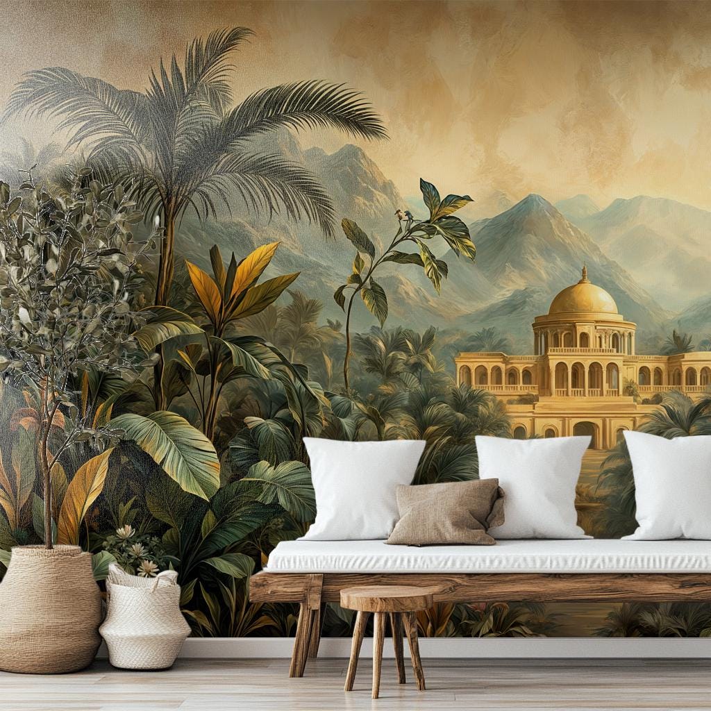 Exotic Jungle Palace Hand Floral Wallpaper – detail view, Golden Era Walls