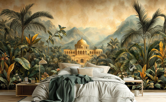 Exotic Jungle Palace Hand Floral Wallpaper – lifestyle view, Golden Era Walls