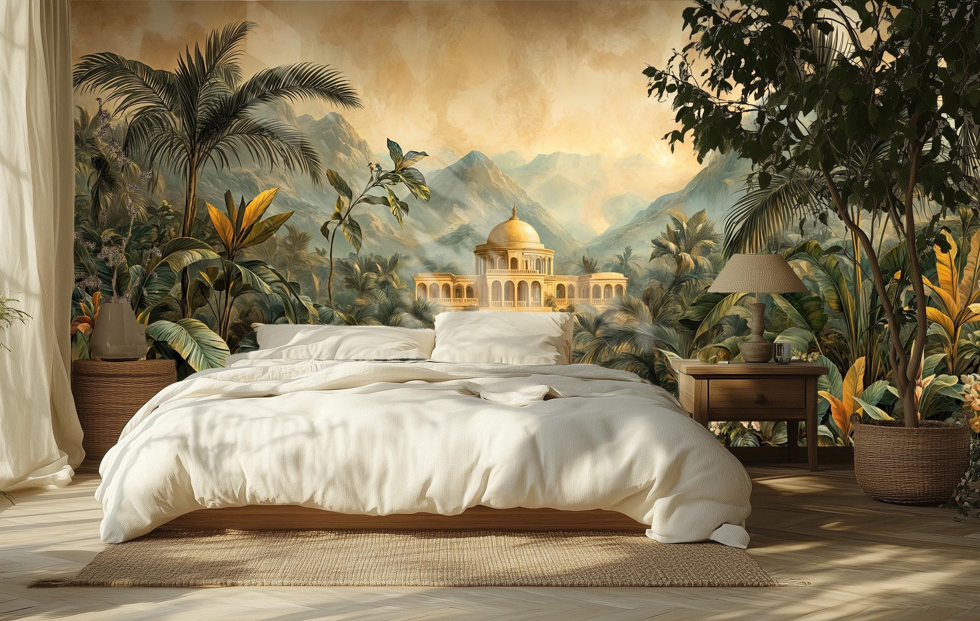Exotic Jungle Palace Hand Floral Wallpaper – scale reference, Golden Era Walls
