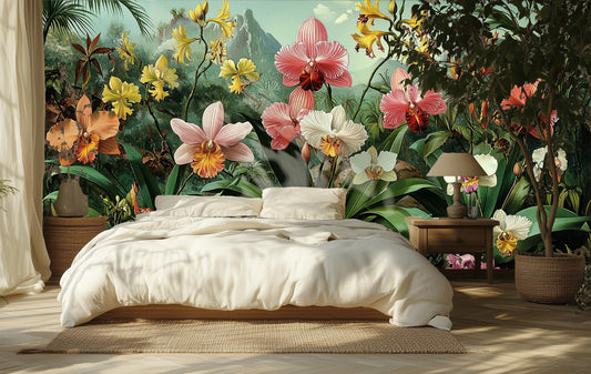 Exotic Orchid Garden Art Floral Wallpaper – room setting, Golden Era Walls