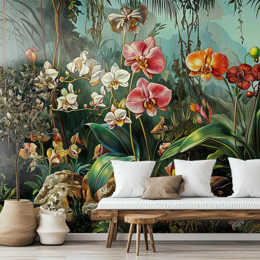 Exotic Orchid Garden Vintage Floral Wallpaper – room setting, Golden Era Walls