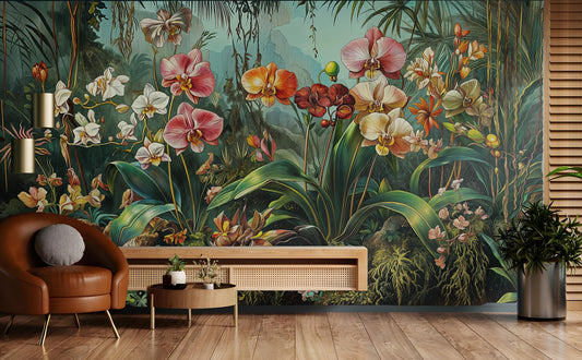 Exotic Orchid Garden Vintage Floral Wallpaper – lifestyle view, Golden Era Walls