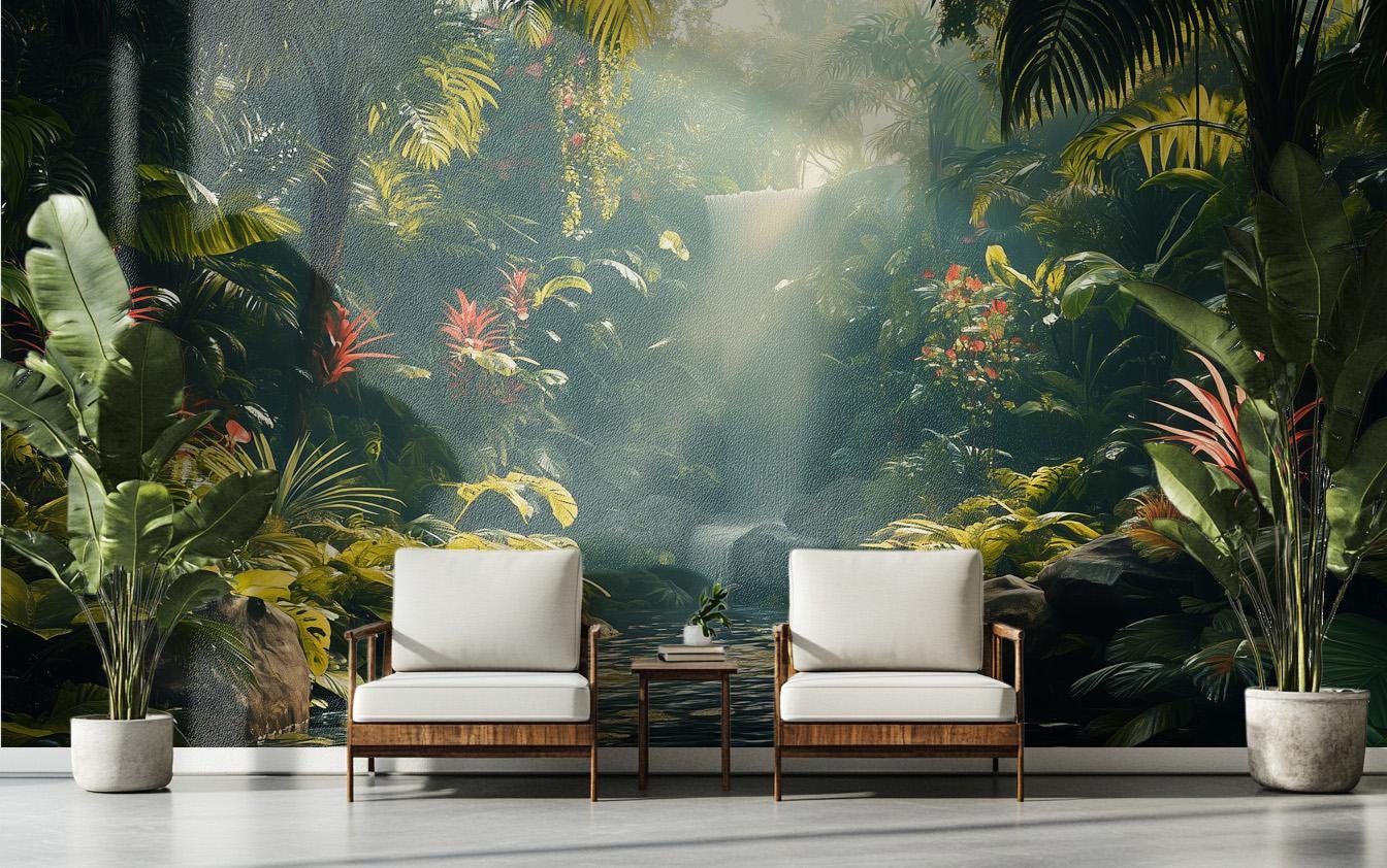 Exotic Waterfall Self Adhesive Tropical Wallpaper – lifestyle view, Golden Era Walls