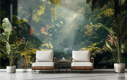Exotic Waterfall Self Adhesive Tropical Wallpaper – lifestyle view, Golden Era Walls
