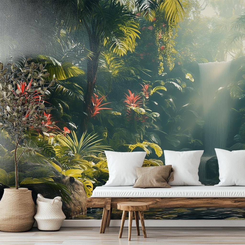 Exotic Waterfall Self Adhesive Tropical Wallpaper – scale reference, Golden Era Walls