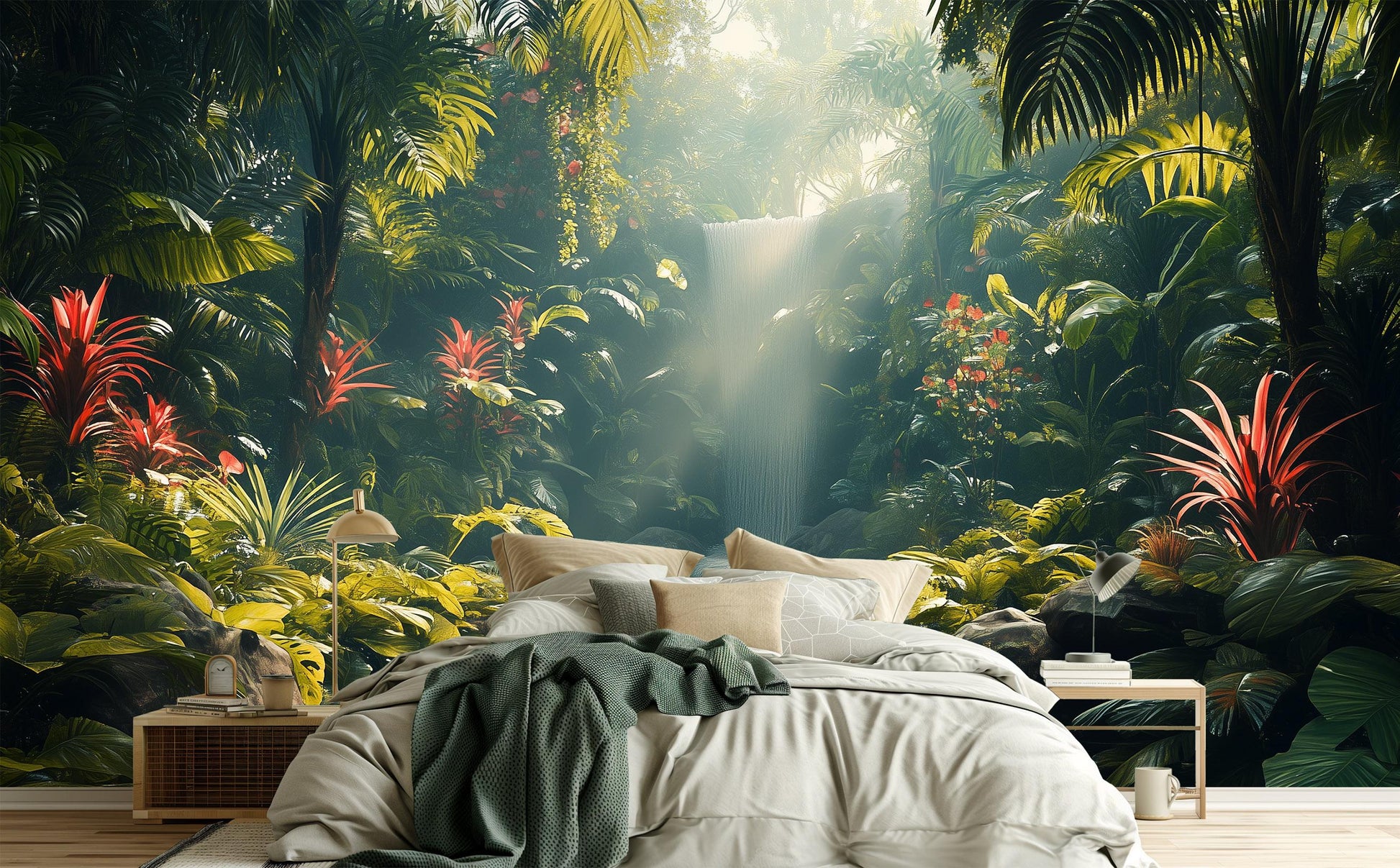 Exotic Waterfall Self Adhesive Tropical Wallpaper – room setting, Golden Era Walls