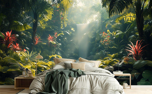 Exotic Waterfall Self Adhesive Tropical Wallpaper – room setting, Golden Era Walls