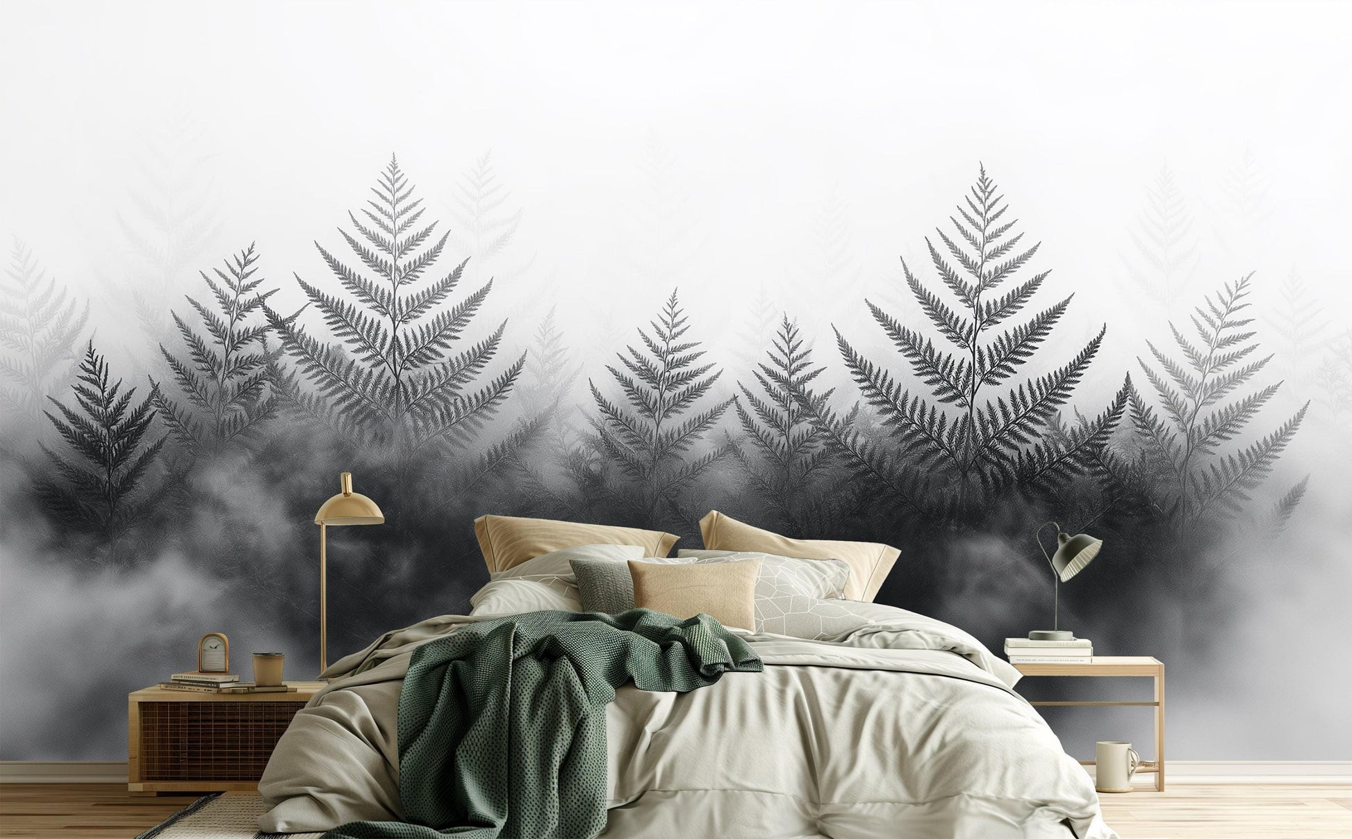 Foggy Fern Renter Friendly Floral Wallpaper – scale reference, Golden Era Walls
