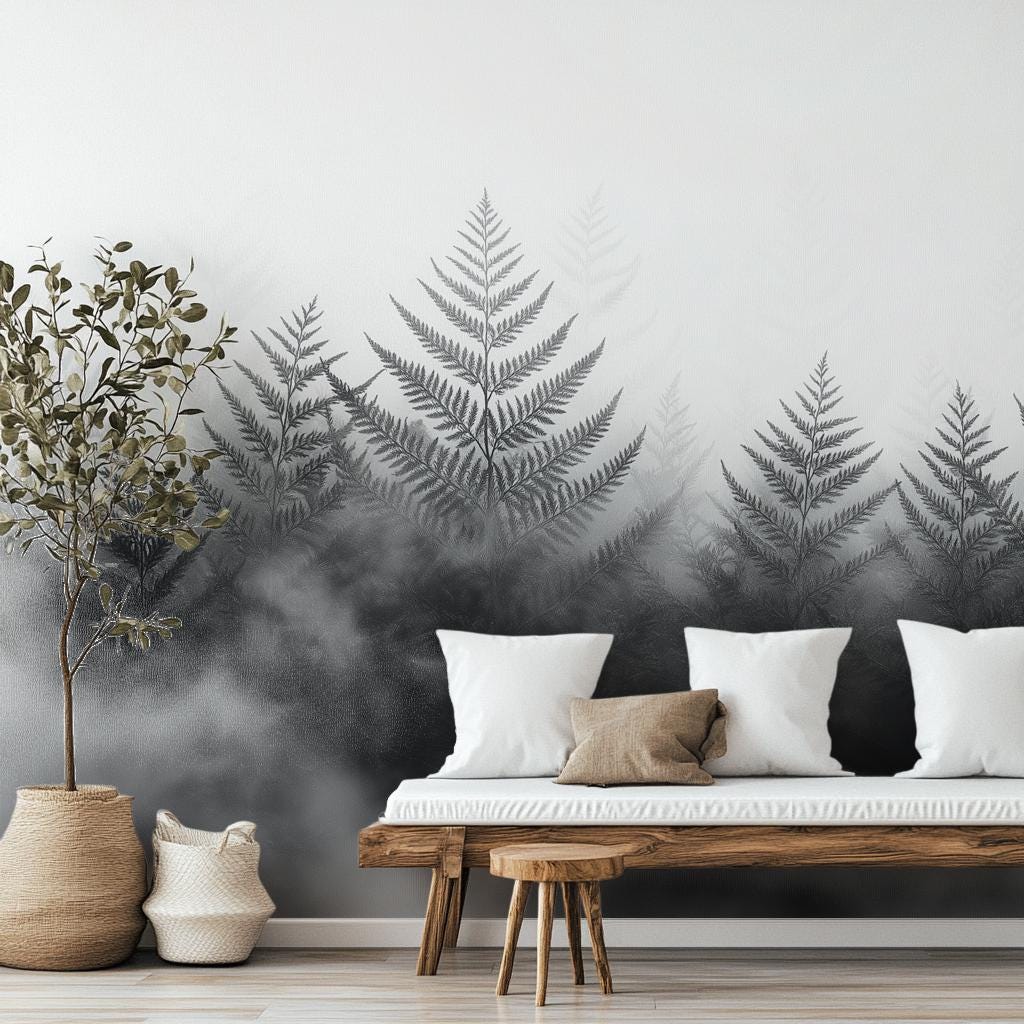 Foggy Fern Renter Friendly Floral Wallpaper – lifestyle view, Golden Era Walls