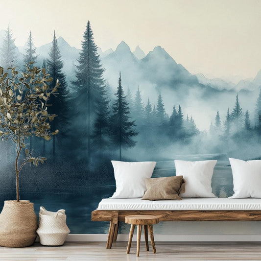 Foggy Forest Nordic Scandinavian Wallpaper – room setting, Golden Era Walls