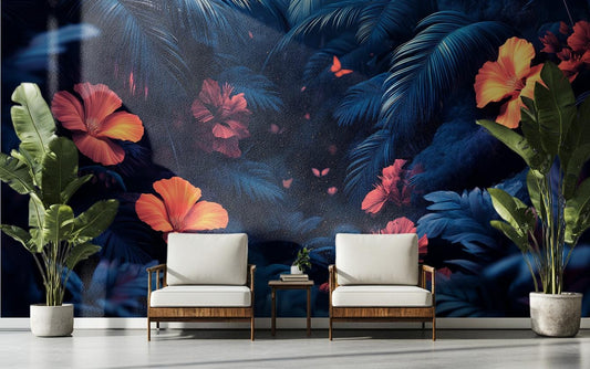 Glowing Rainforest Bioluminescent Floral Floral Wallpaper – detail view, Golden Era Walls