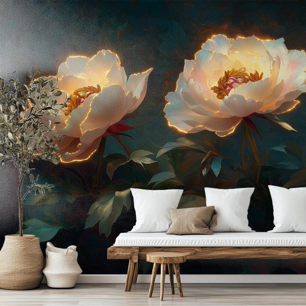 Glowing Peony Luxurious 3D Floral Wallpaper – room setting, Golden Era Walls