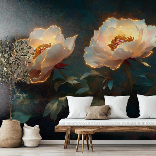 Glowing Peony Luxurious 3D Floral Wallpaper – room setting, Golden Era Walls