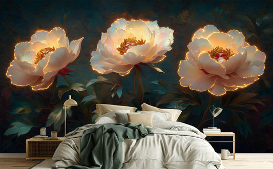 Glowing Peony Luxurious 3D Floral Wallpaper – lifestyle view, Golden Era Walls