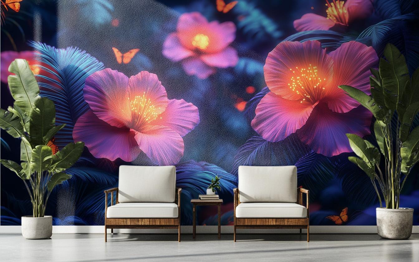 Glowing Rainforest Bioluminescent Jungle Floral Wallpaper – detail view, Golden Era Walls
