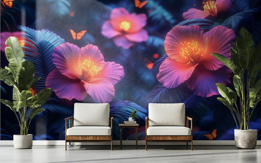 Glowing Rainforest Bioluminescent Jungle Floral Wallpaper – detail view, Golden Era Walls