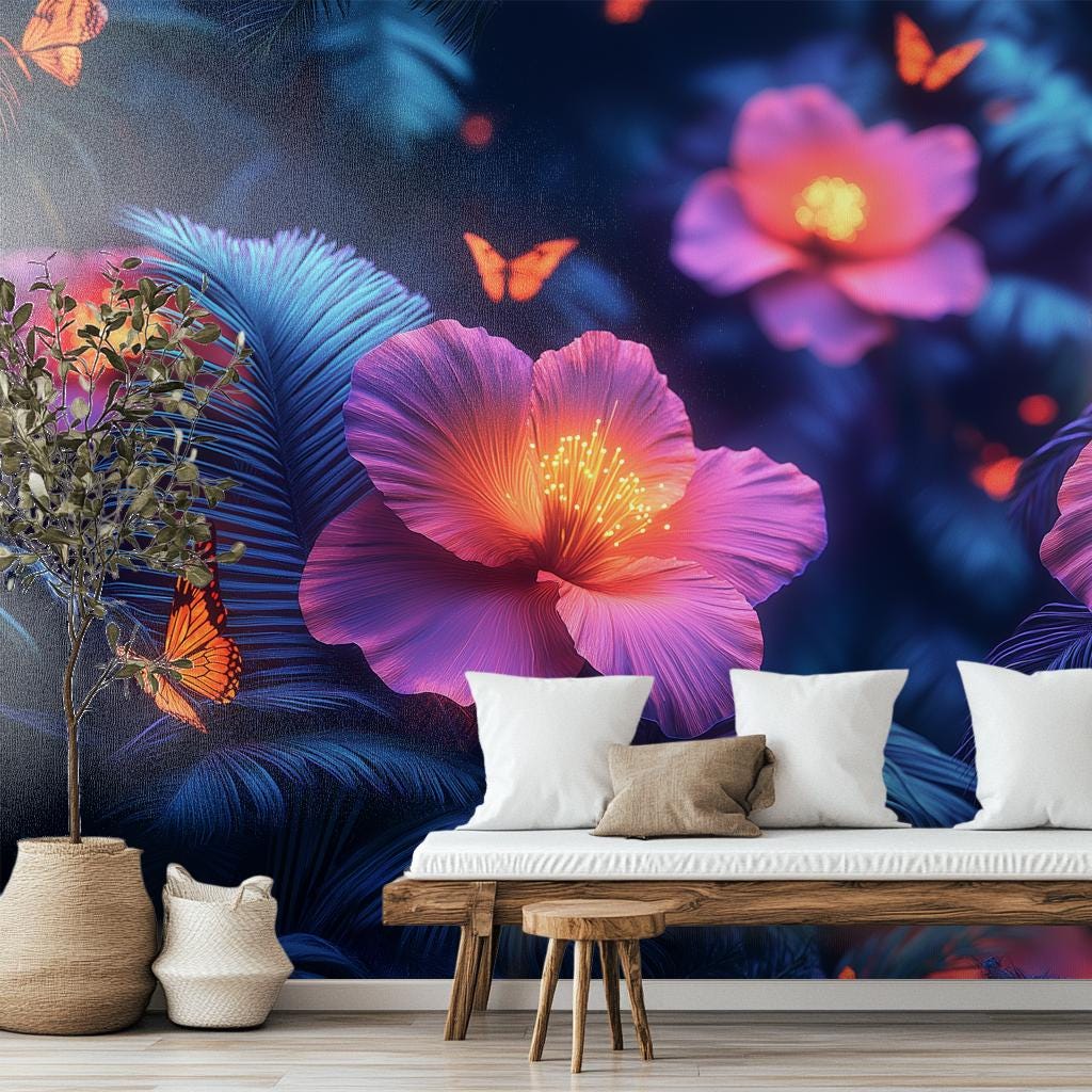 Glowing Rainforest Bioluminescent Jungle Floral Wallpaper – room setting, Golden Era Walls