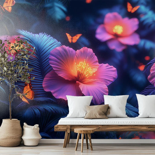 Glowing Rainforest Bioluminescent Jungle Floral Wallpaper – room setting, Golden Era Walls