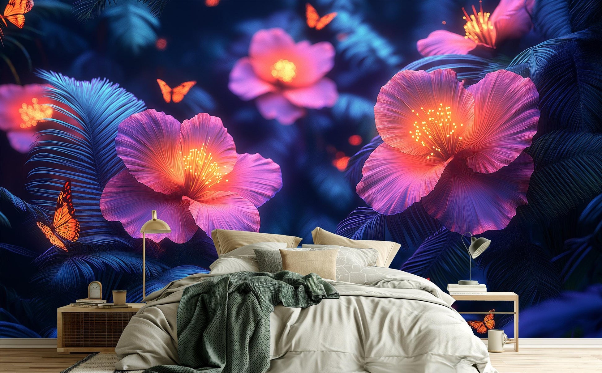 Glowing Rainforest Bioluminescent Jungle Floral Wallpaper – lifestyle view, Golden Era Walls