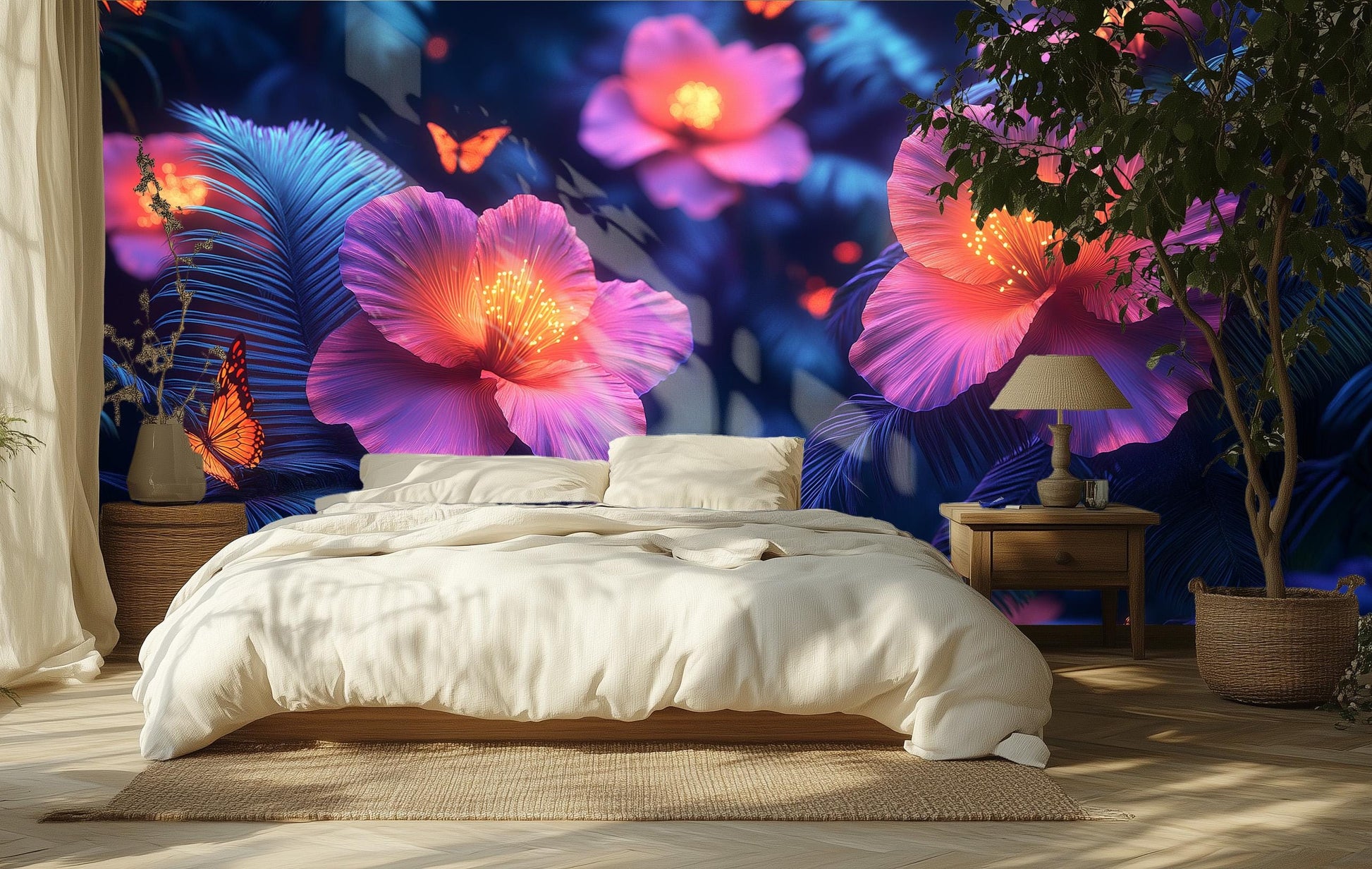 Glowing Rainforest Bioluminescent Jungle Floral Wallpaper – scale reference, Golden Era Walls
