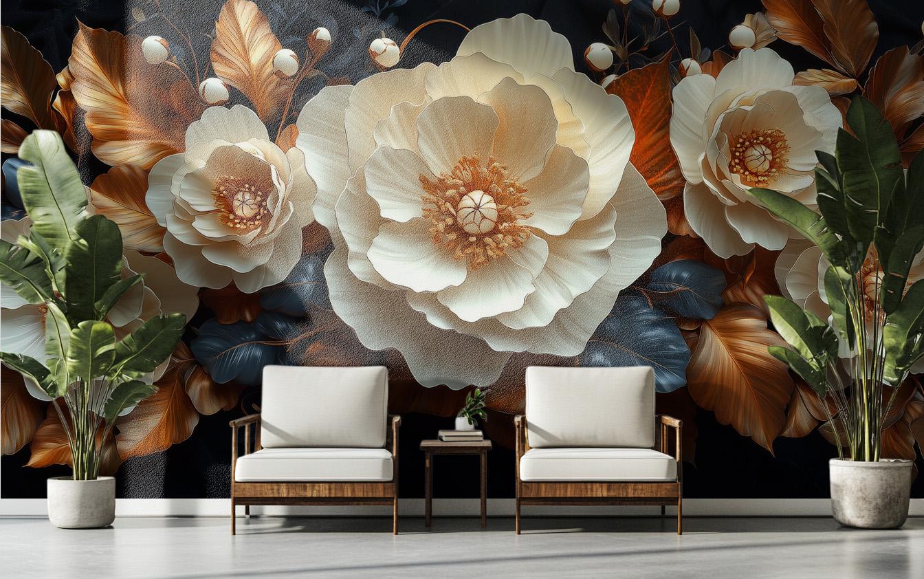 Gold Ivory Floral Renter Floral Wallpaper – lifestyle view, Golden Era Walls