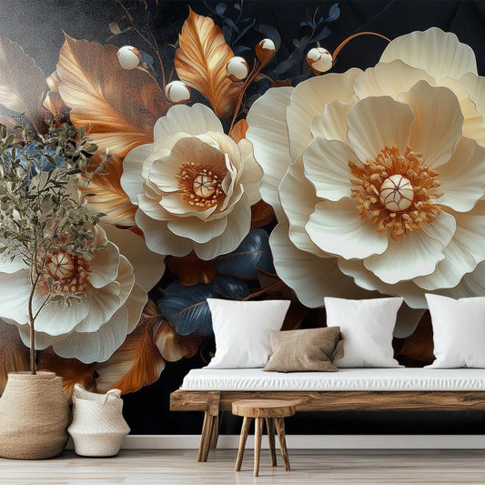 Gold Ivory Floral Renter Floral Wallpaper – room setting, Golden Era Walls