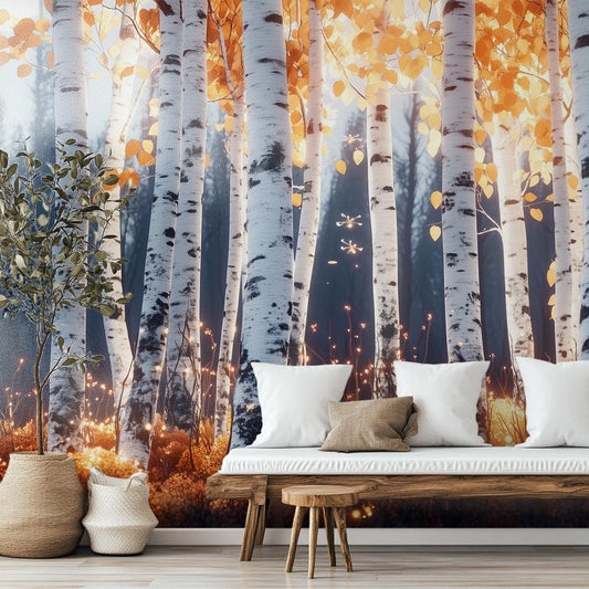 Golden Birch Forest Renter Coastal Wallpaper – room setting, Golden Era Walls