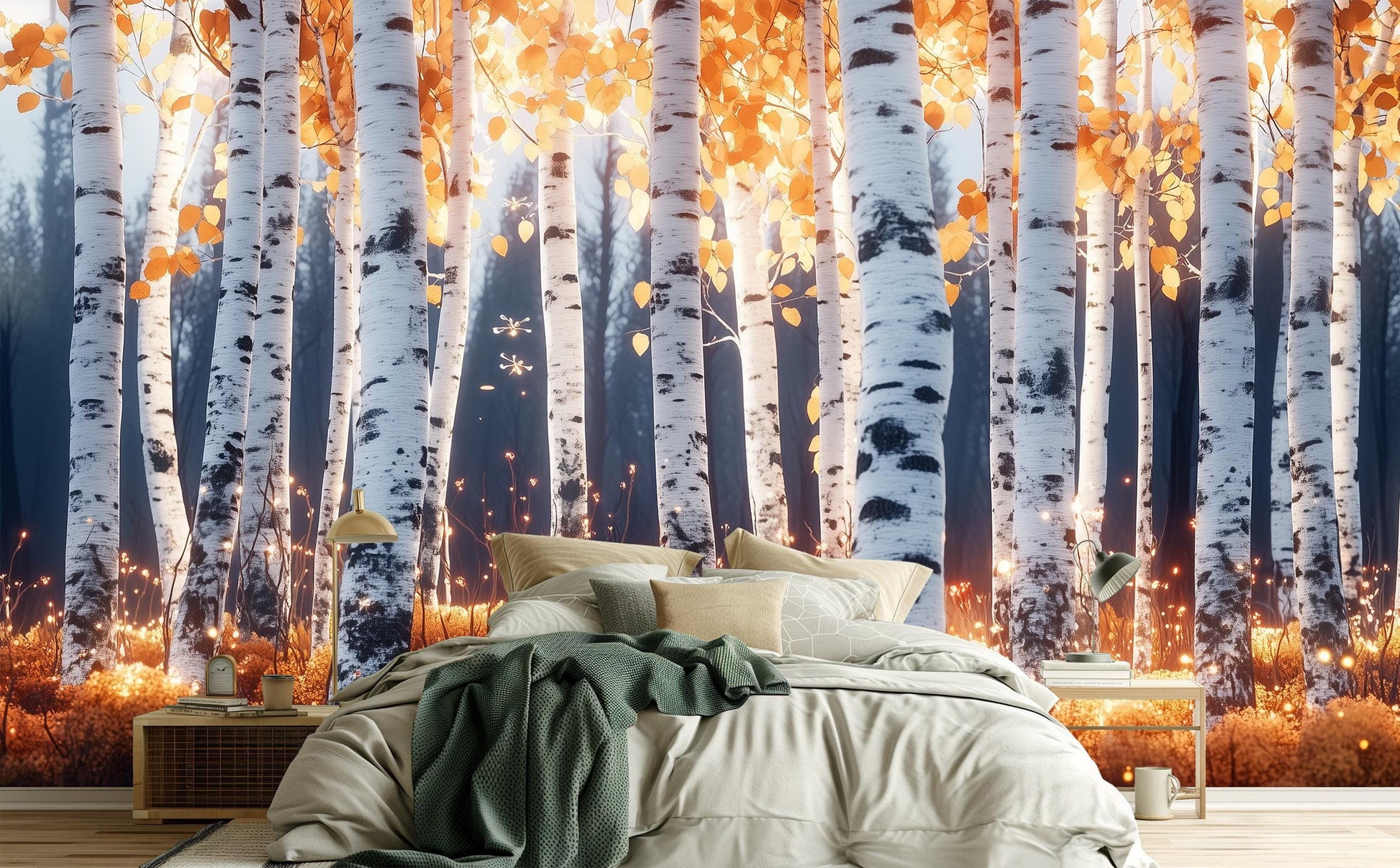 Golden Birch Forest Renter Coastal Wallpaper – lifestyle view, Golden Era Walls