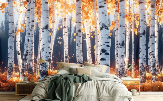 Golden Birch Forest Renter Coastal Wallpaper – lifestyle view, Golden Era Walls