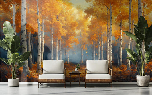 Golden Birch Forest Autumn Coastal Wallpaper – lifestyle view, Golden Era Walls